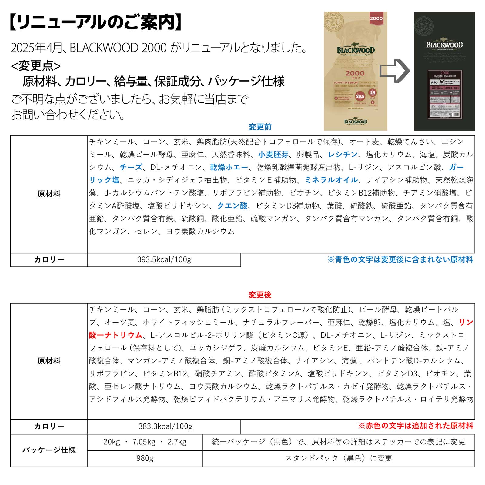 ブラックウッド2000カロリー原材料リニューアル